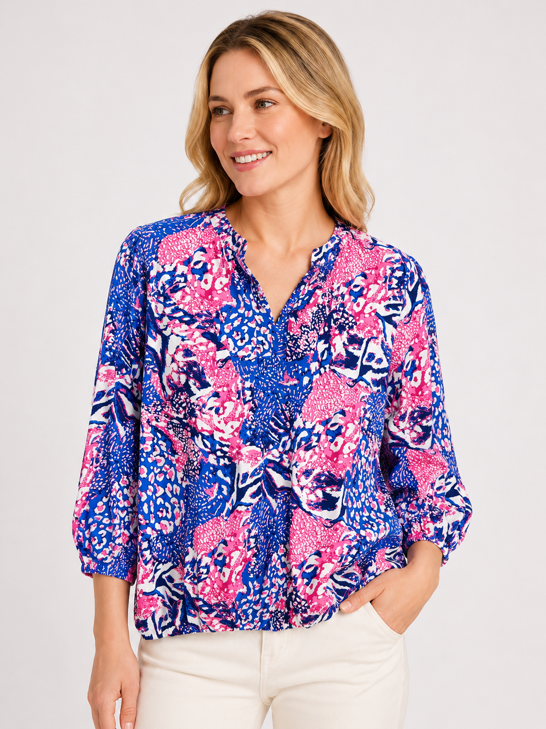 Yew 4027 Blue Pink Grandad Collar Top