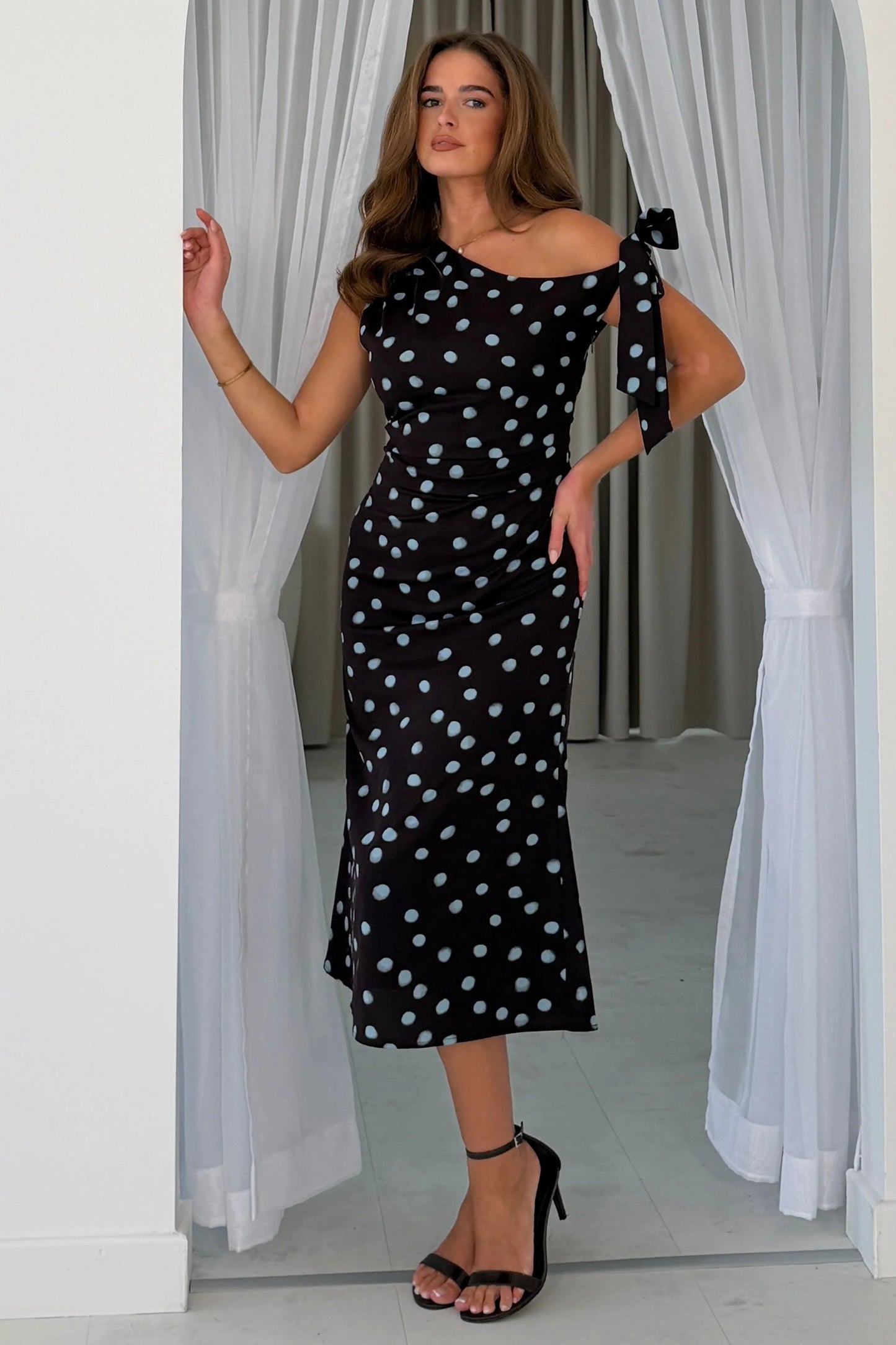 Luciana Spot Tie Shoulder Midi Dress Plum