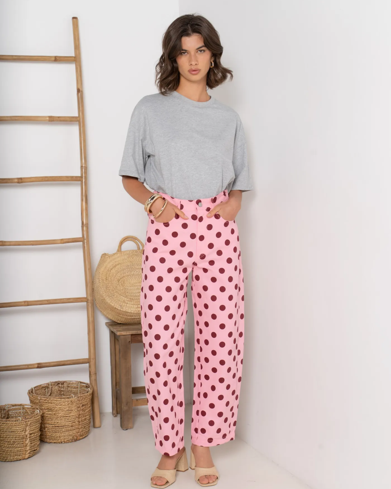 Soft Barrel Polka Dot Jeans - Pink/Burgundy