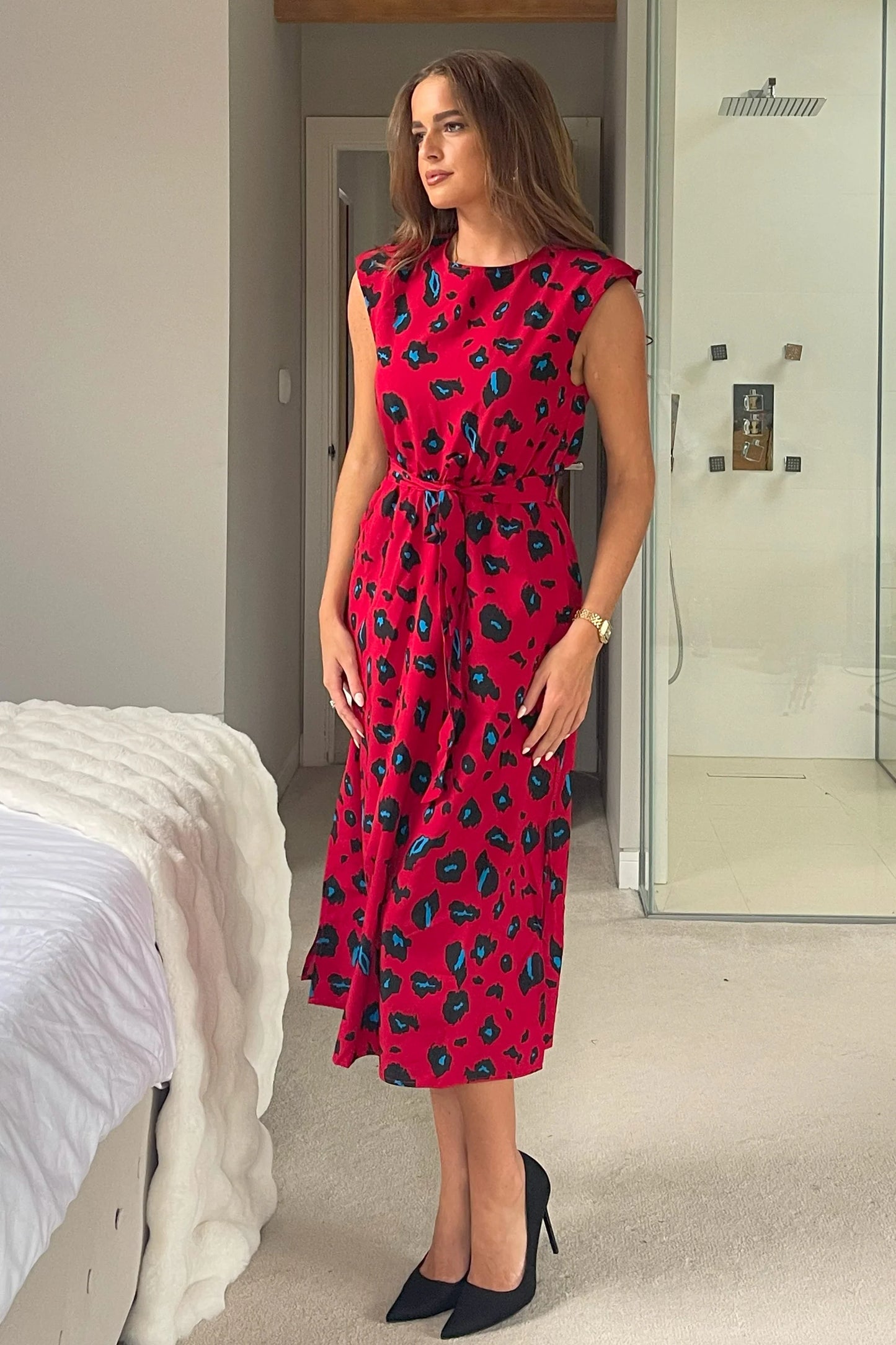 Amay Red Animal Shoulder Pad Midi Dress