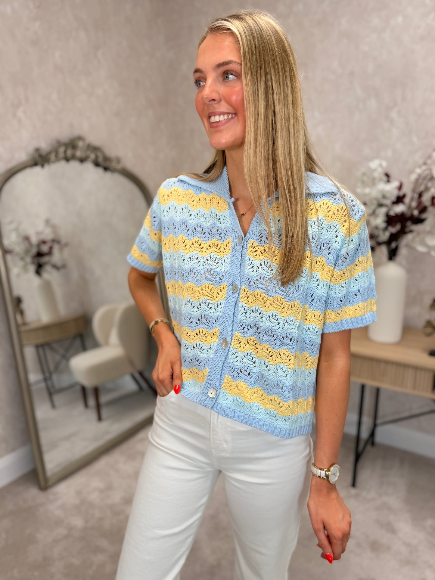 Knit collared top - blue/lemon