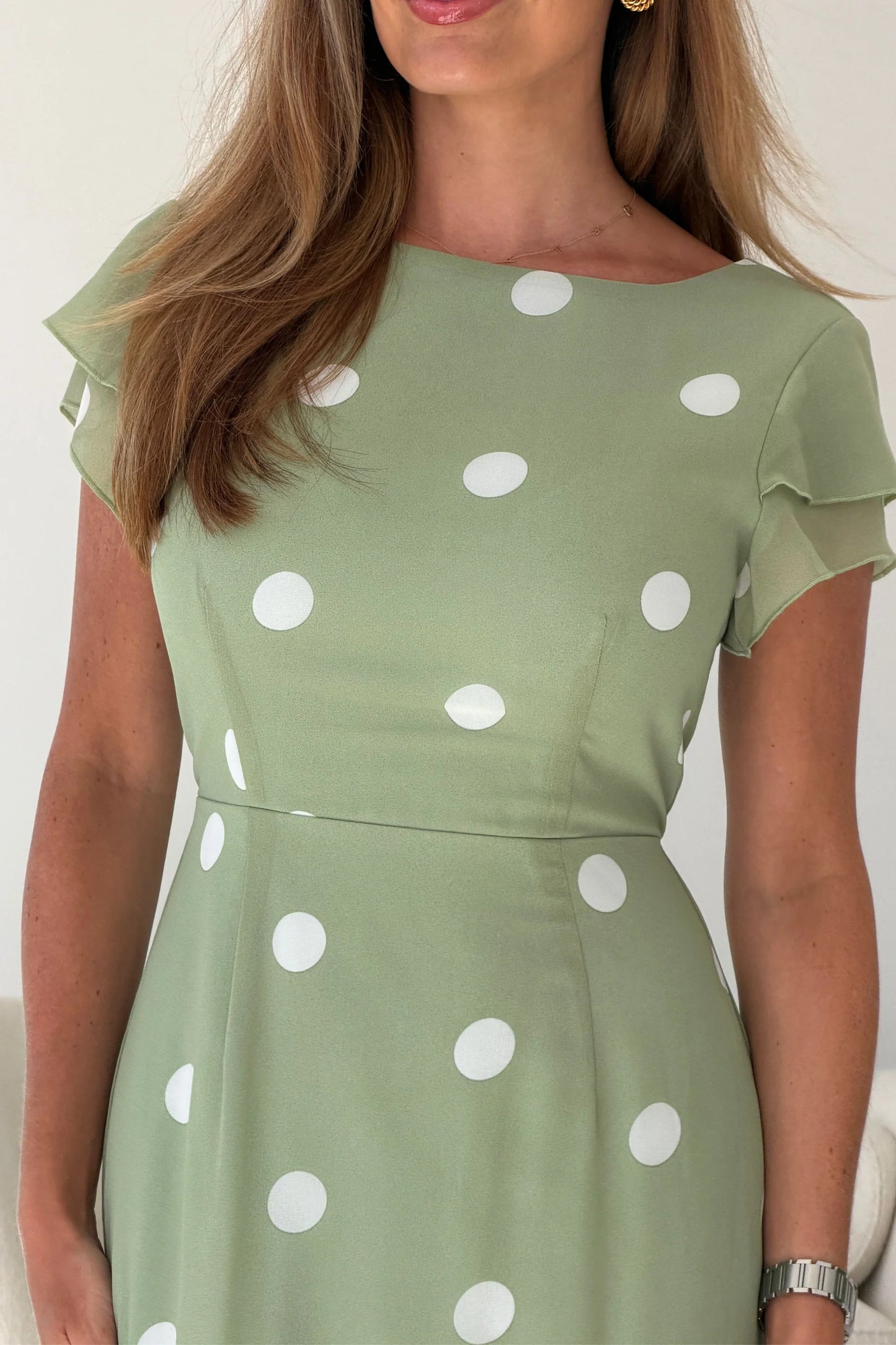 Roxy Boat Neck Frill Midi Sage Dress