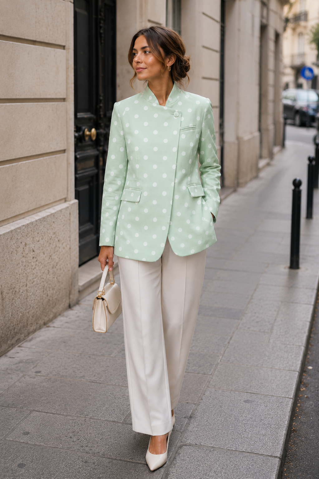 Double-Breasted Polka Dot Blazer Mint