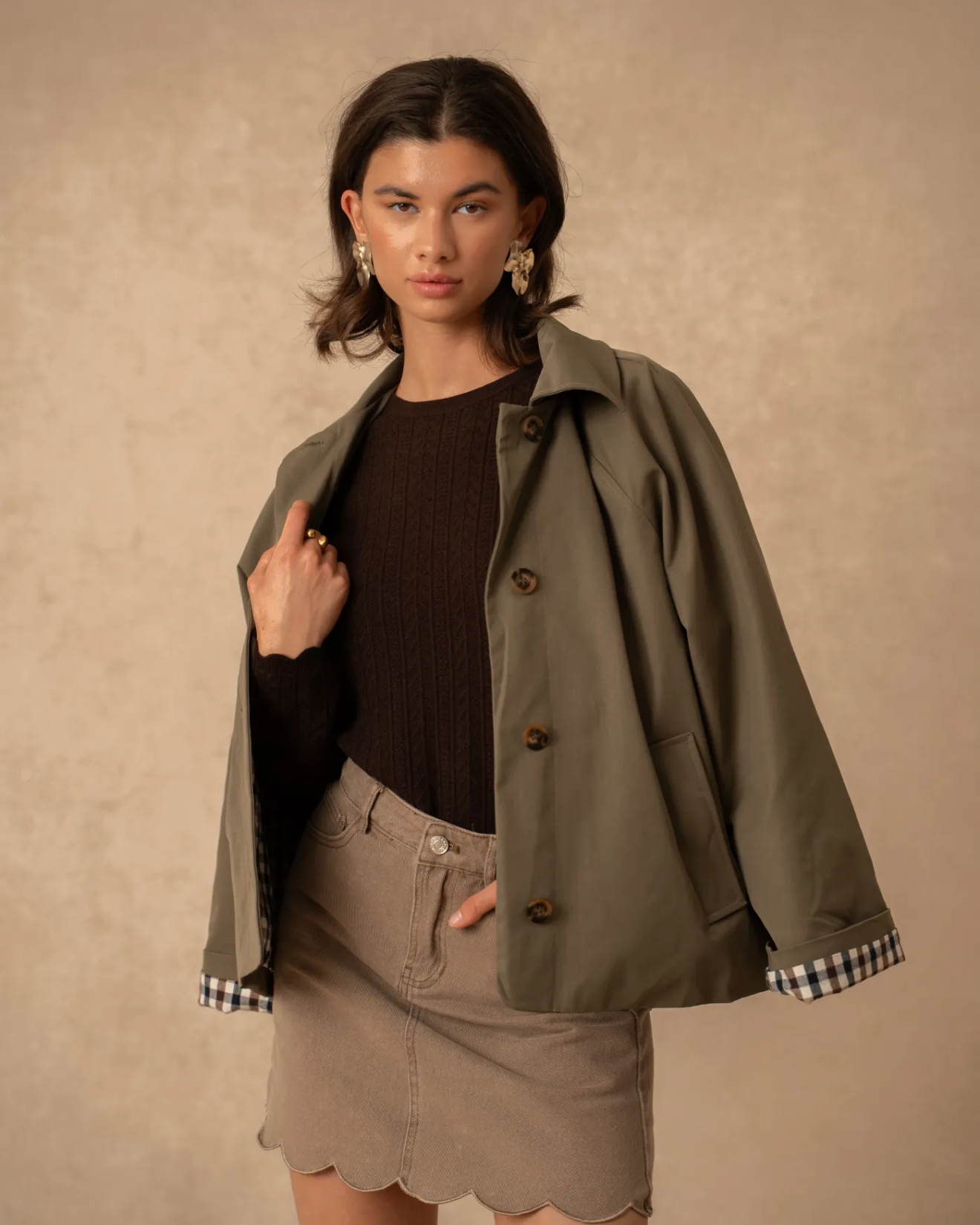 Short Trench Coat Khaki Green