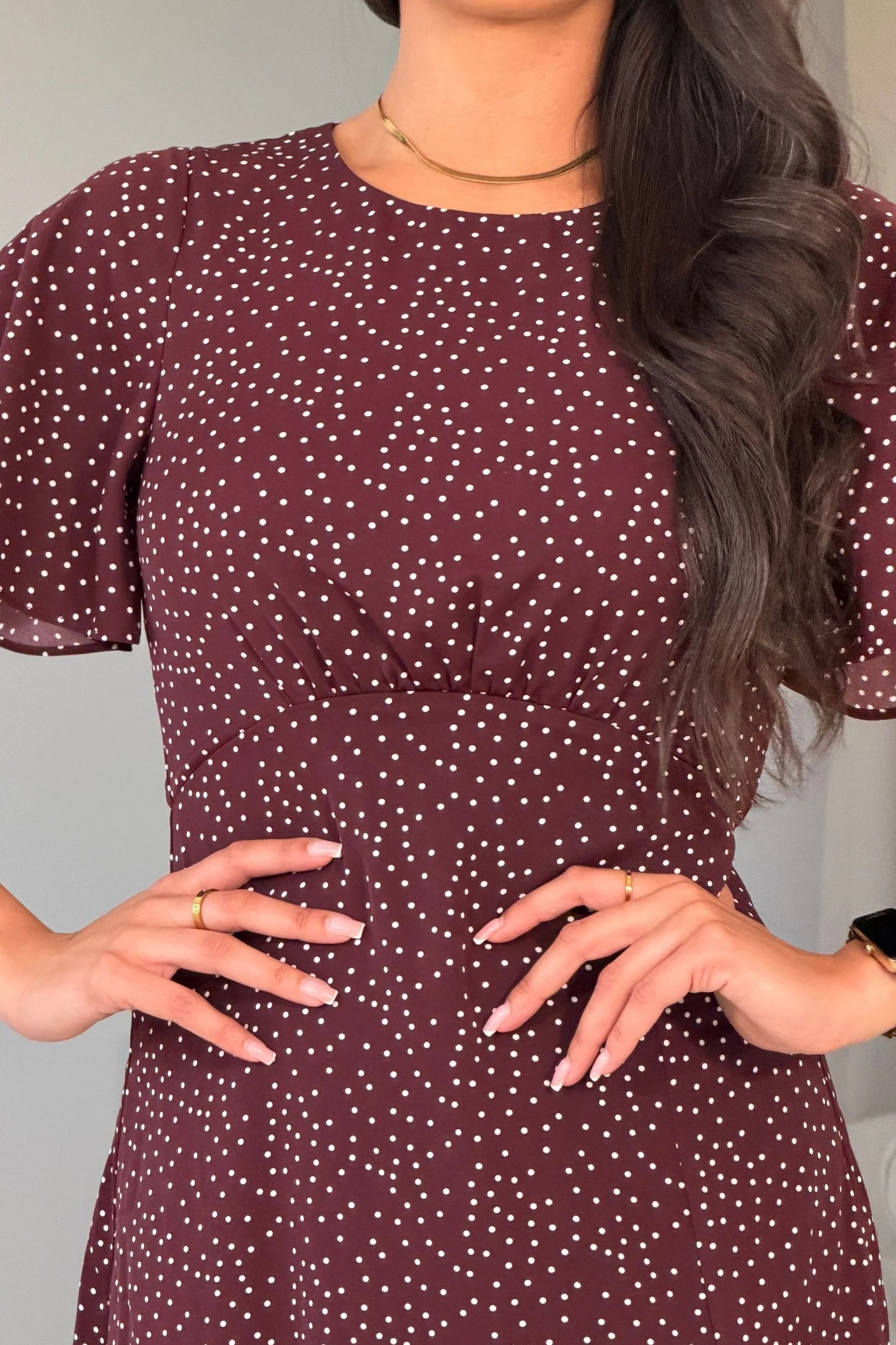Britney Burgundy Spot Angel Sleeve Midi Dress