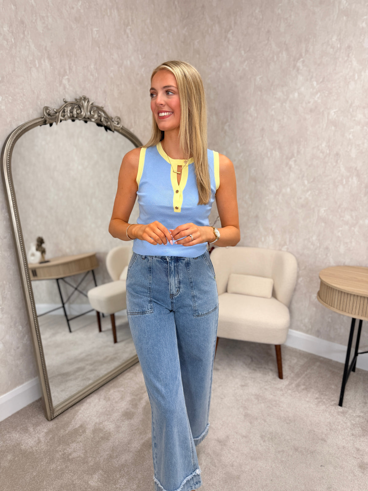 Contrast Button Vest Blue/Yellow