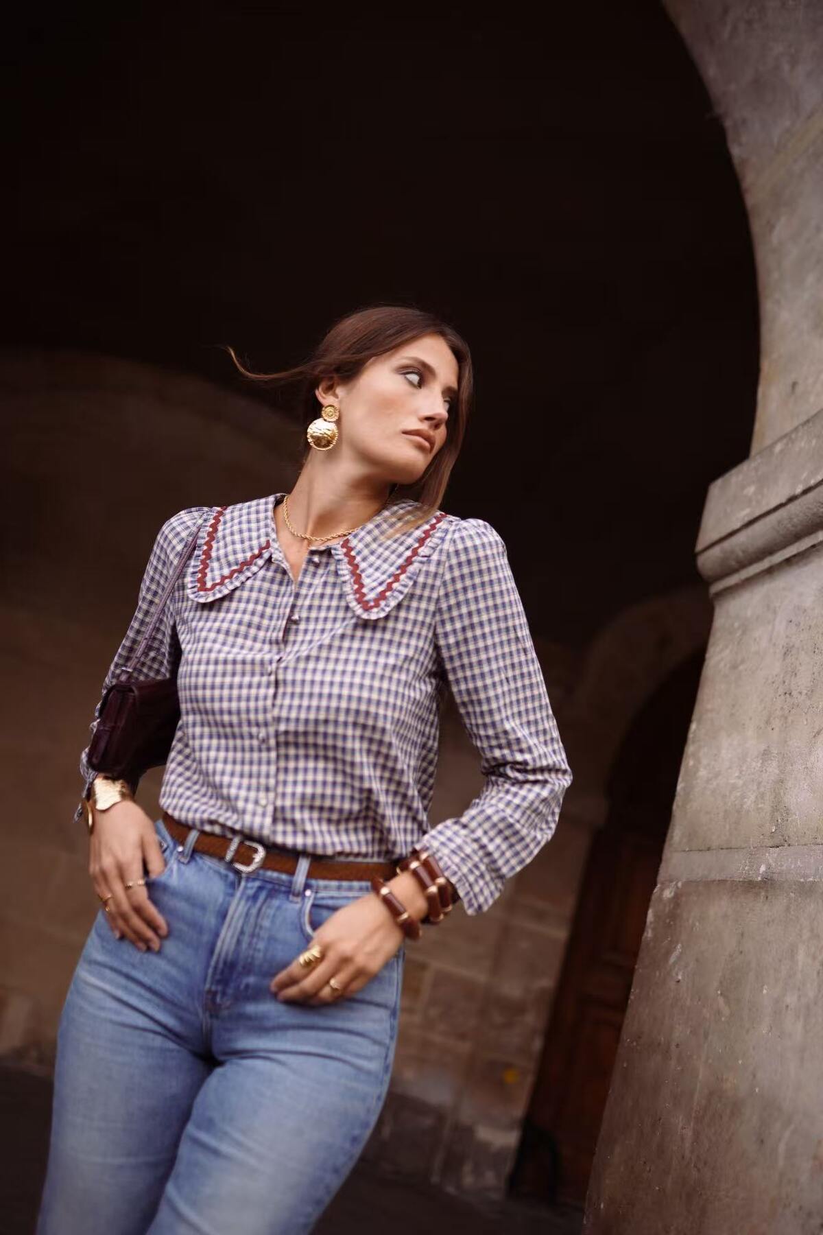 Vintage charm gingham check blouse