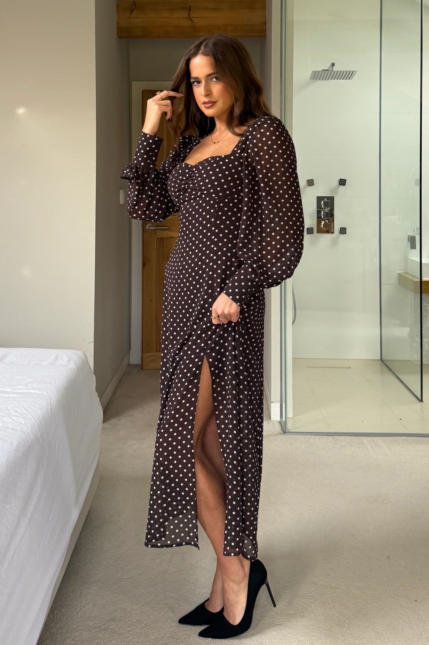 Olive Brown Polka Dot Sweetheart Long Sleeve Midi Dress