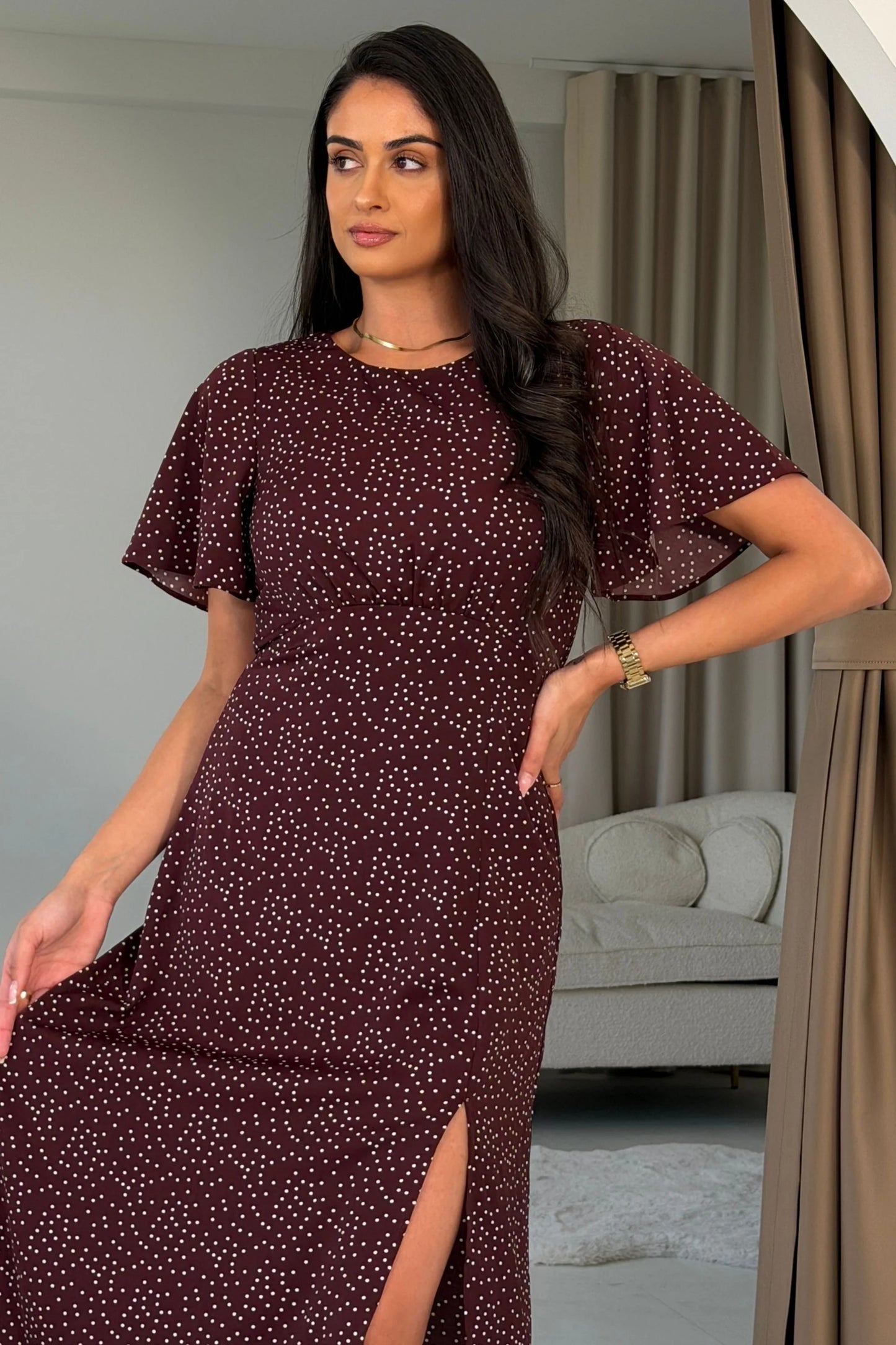 Britney Burgundy Spot Angel Sleeve Midi Dress