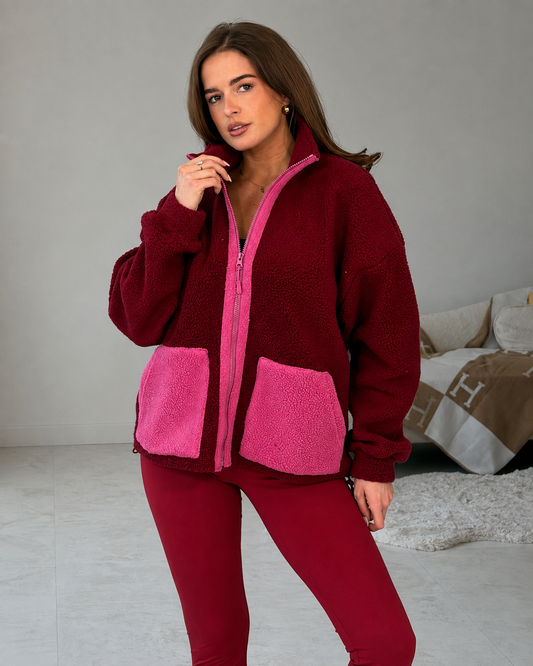 Mimi Contrast Pocket Full Zip Fleece Wine