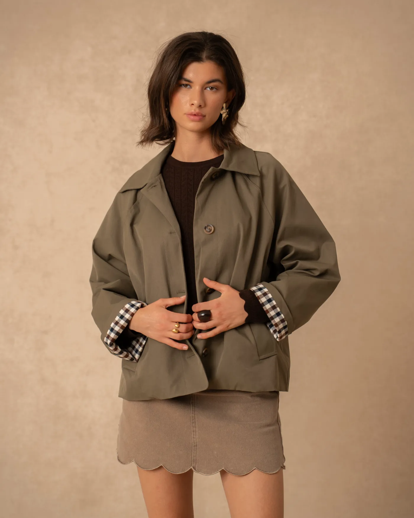 Short Trench Coat Khaki Green