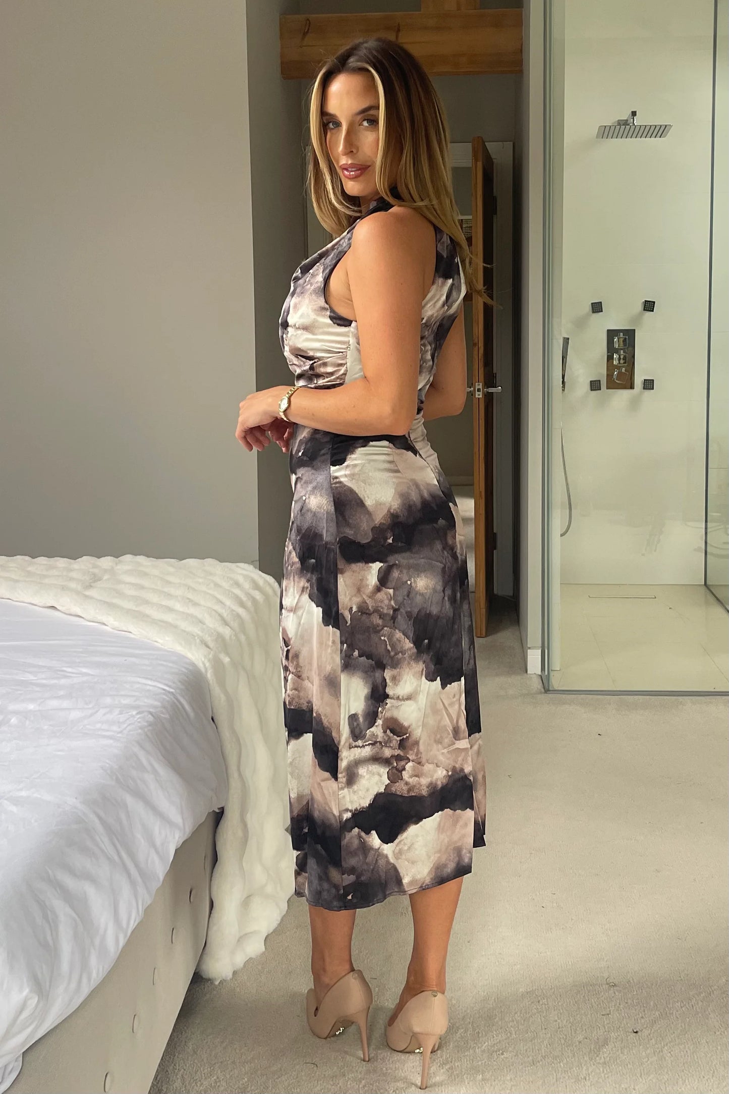 Kaz Cowl Neck Brown Abstract Midi Dress