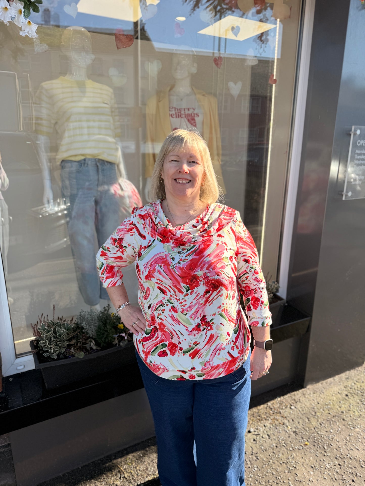 YEW 2647 Red Green Cowl Neck Top