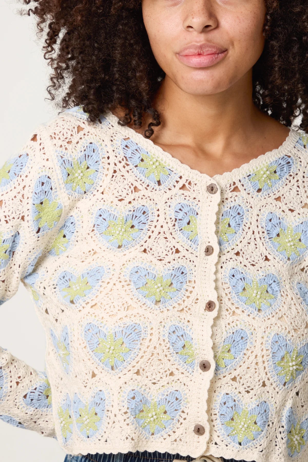 Beaded Heart Pattern Crochet Cardigan Blue