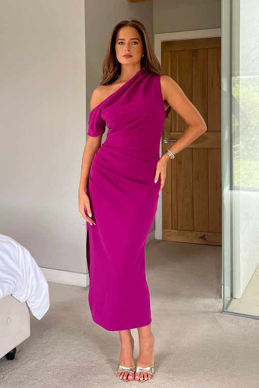 Donna Asymmetric Neckline Midi Dress Dark Fuchsia Dress