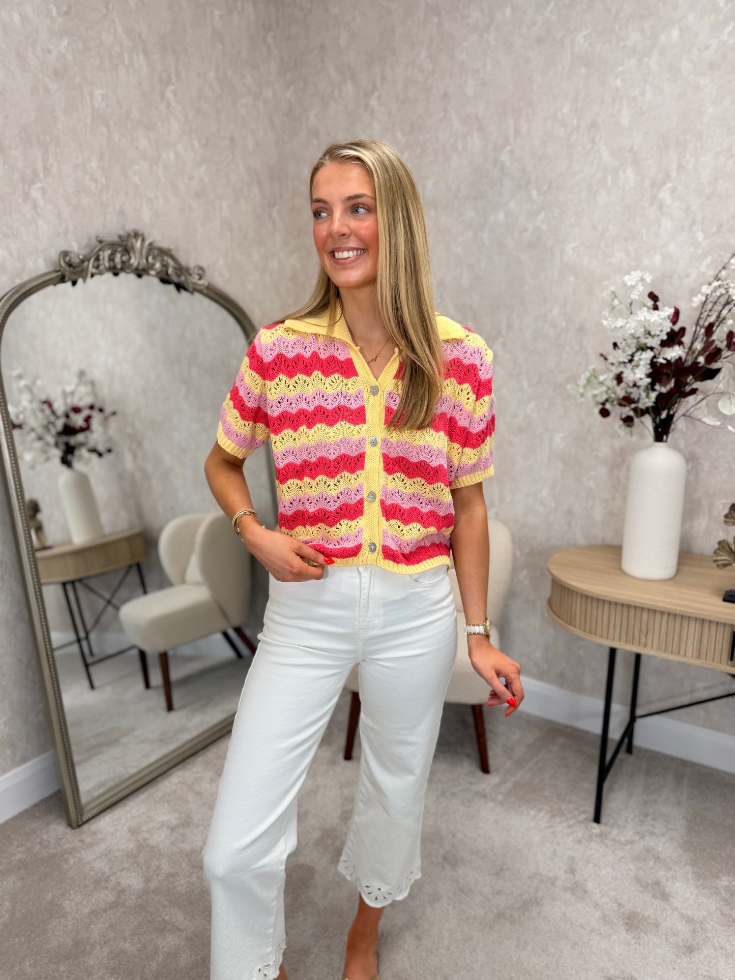Knit collared top - pink/lemon