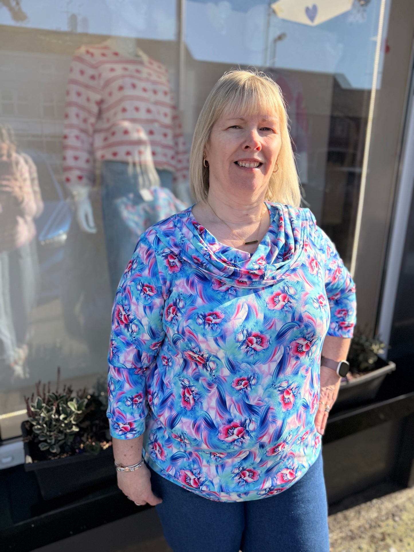 Yew 2647 Blue Flower Cowl Neck