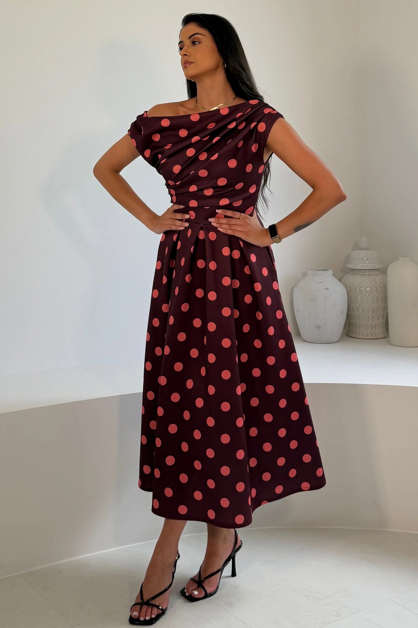 Betty Asymmetric Neckline Skater Midi Polka Dress