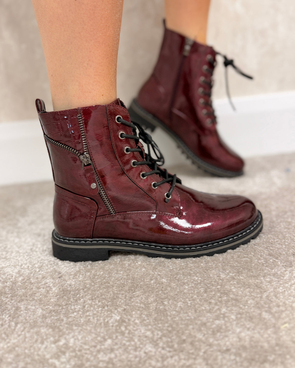 Lunar Allison patent ankle boot burgundy