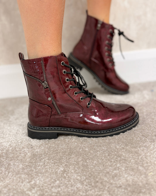 Lunar Allison patent ankle boot burgundy