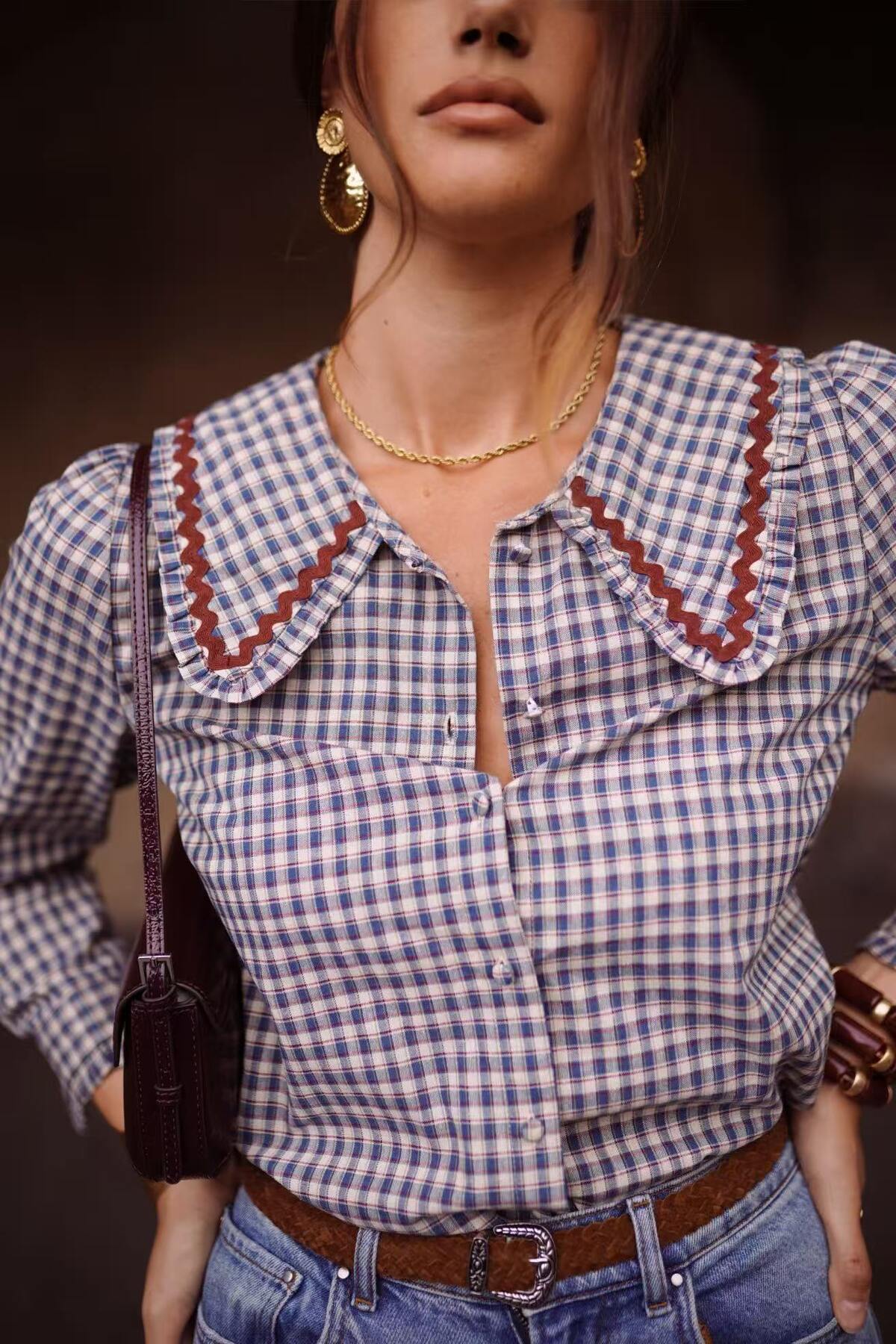 Vintage charm gingham check blouse