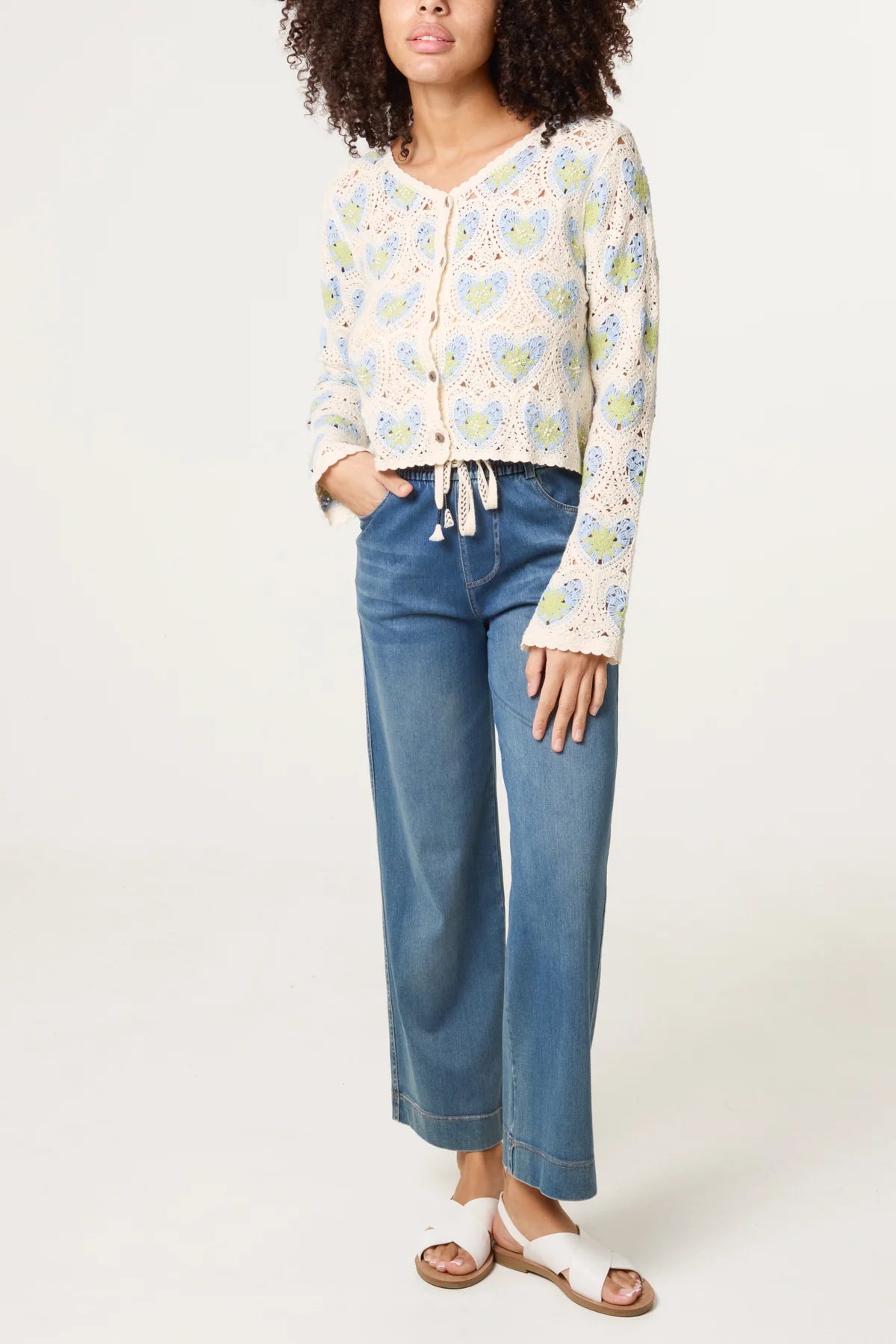 Beaded Heart Pattern Crochet Cardigan Blue