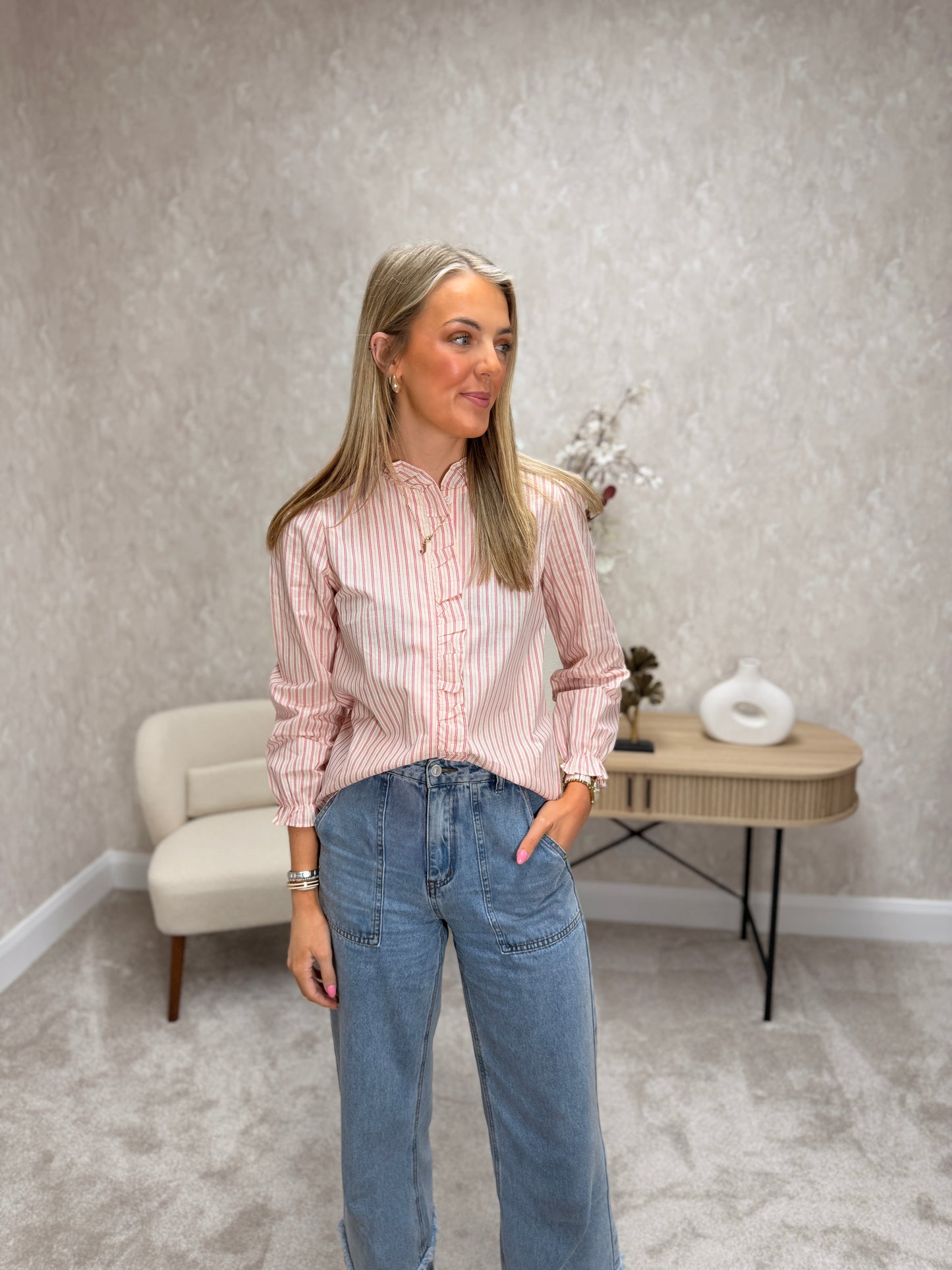 Striped Ruffle Blouse Pink
