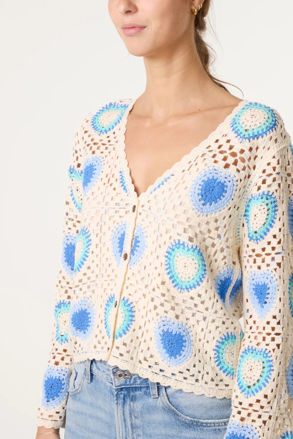 Colourful Heart Crochet Cardigan Blue