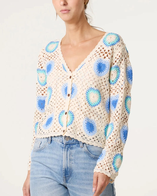Colourful Heart Crochet Cardigan Blue