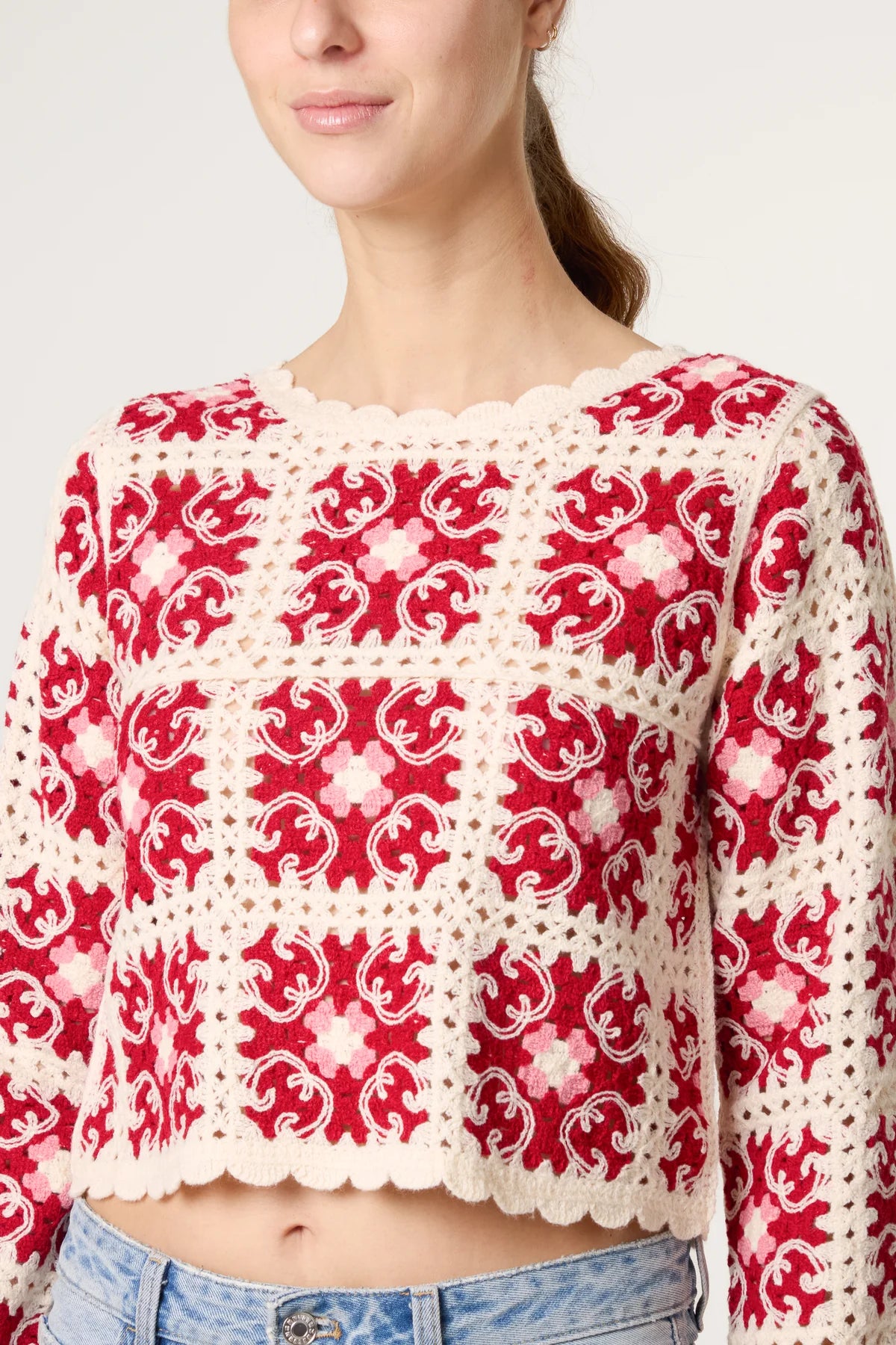Patchwork Scallop Crochet Top Red