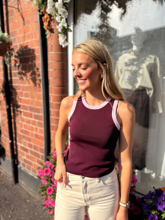 Contrast Ribbed Tank Top Burgundy