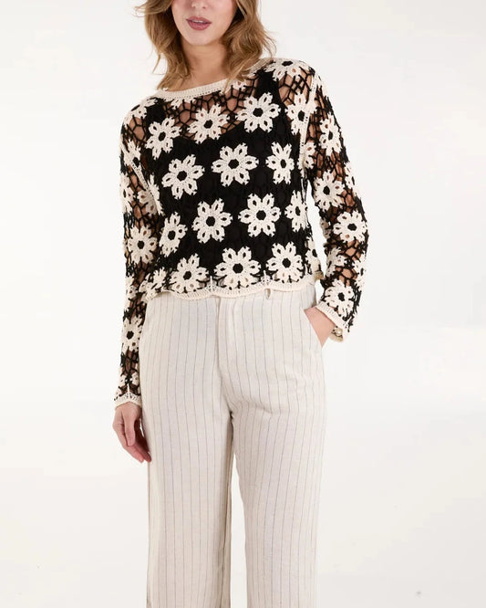 Monochrome Floral Pattern Crochet Top