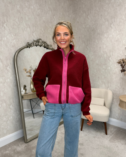Mimi Contrast Pocket Full Zip Fleece Wine