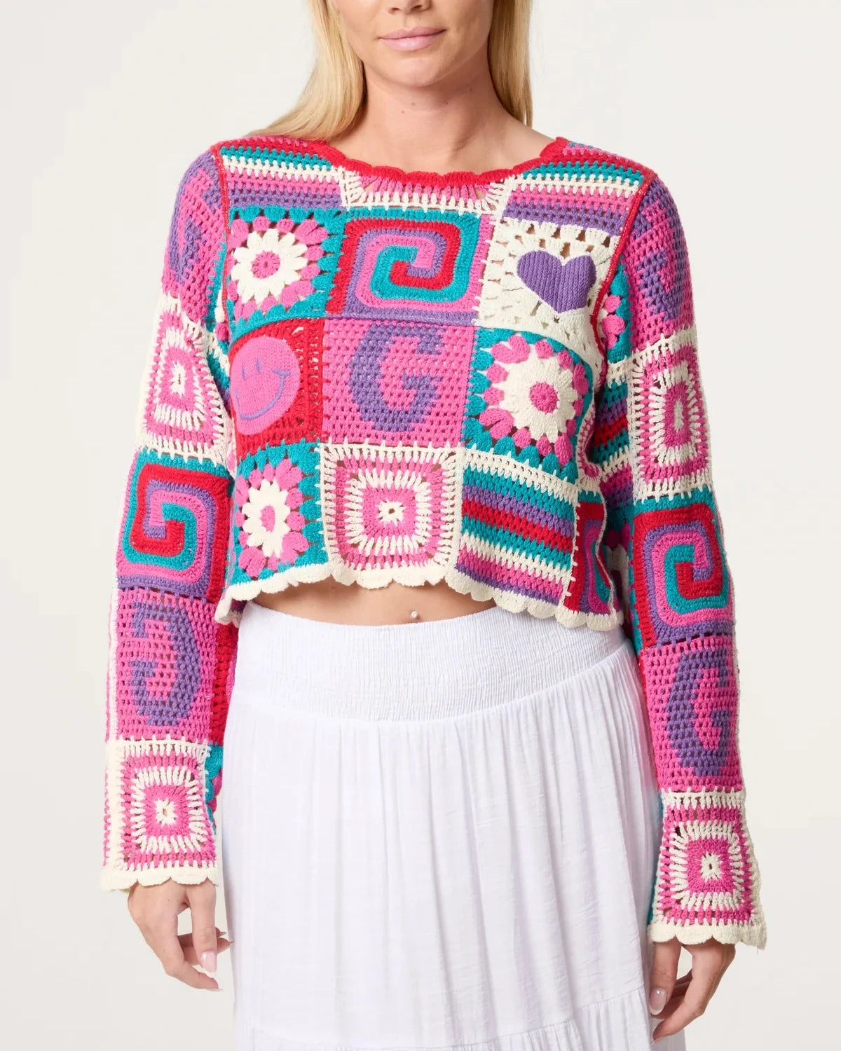 Retro Patchwork Crochet Cropped Top