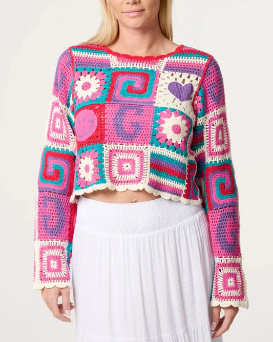 Retro Patchwork Crochet Cropped Top