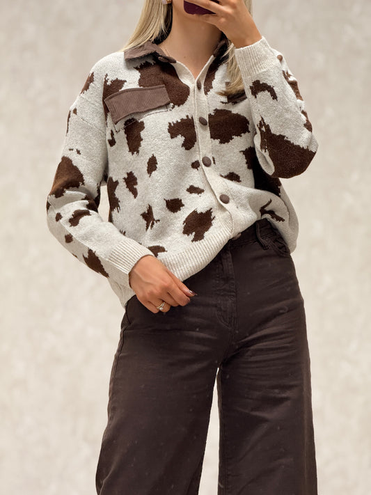 Cow Print Cardigan Brown