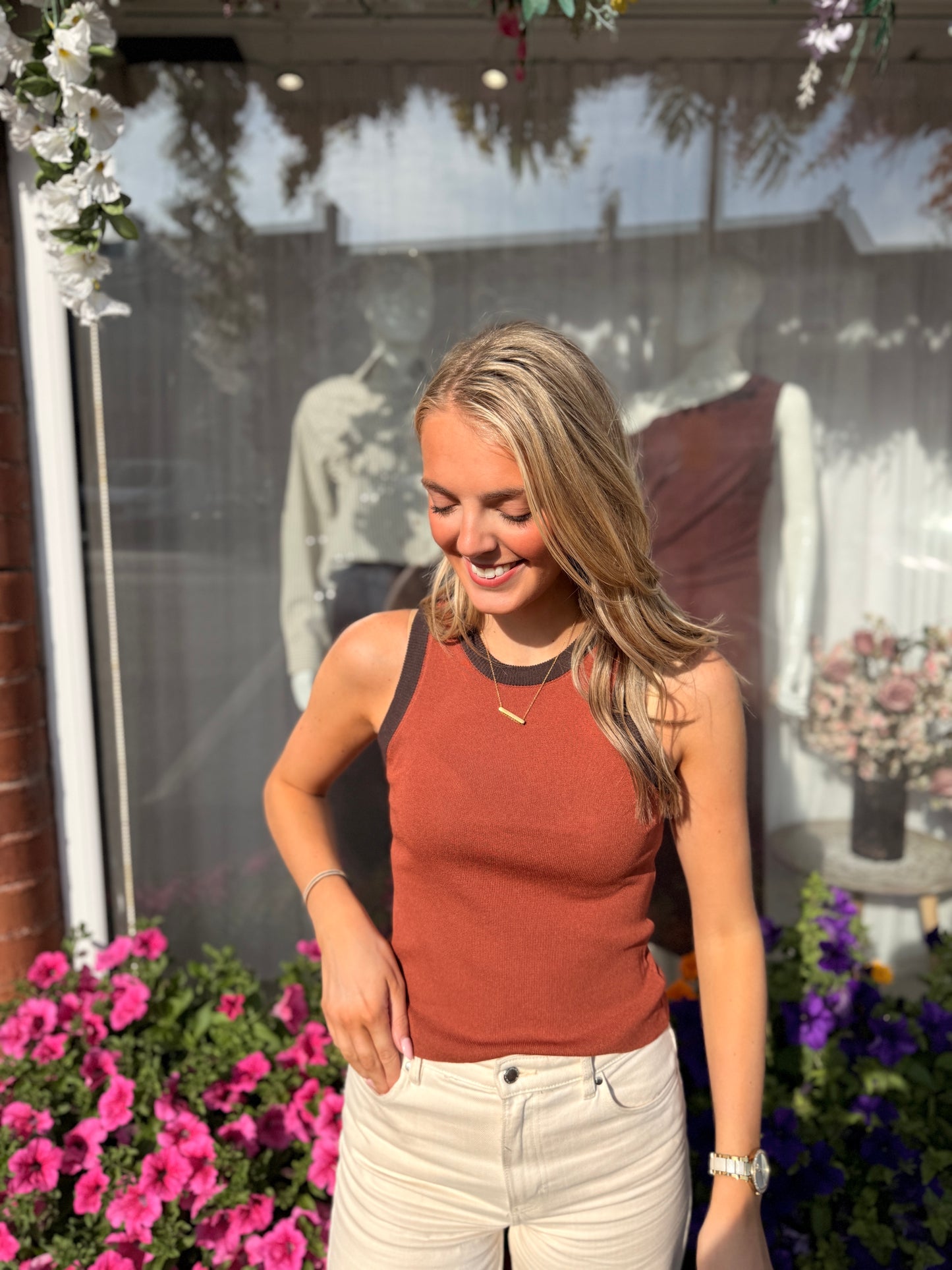 Contrast Ribbed Tank Top Caramel