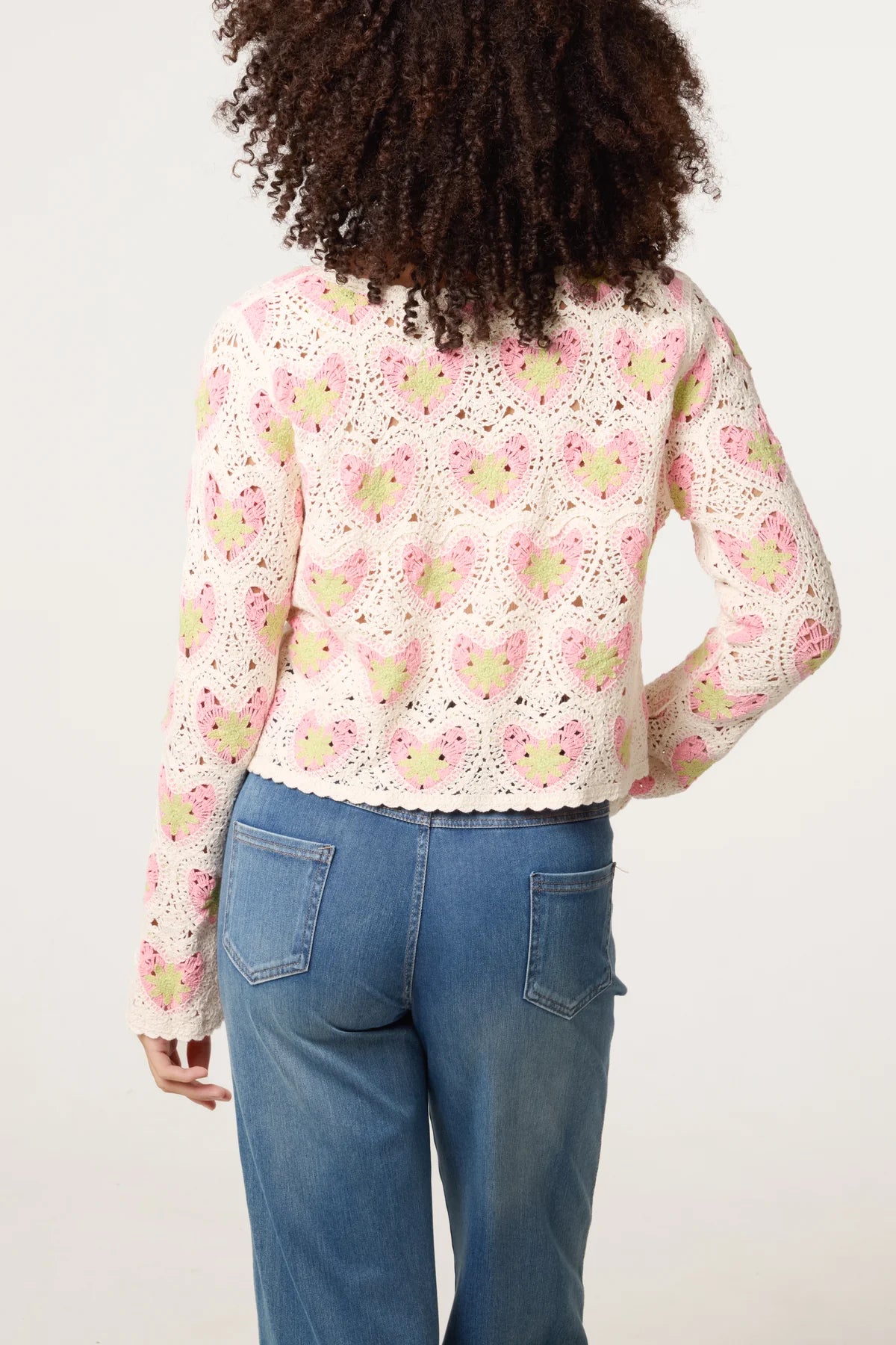 Beaded Heart Pattern Crochet Cardigan Pink