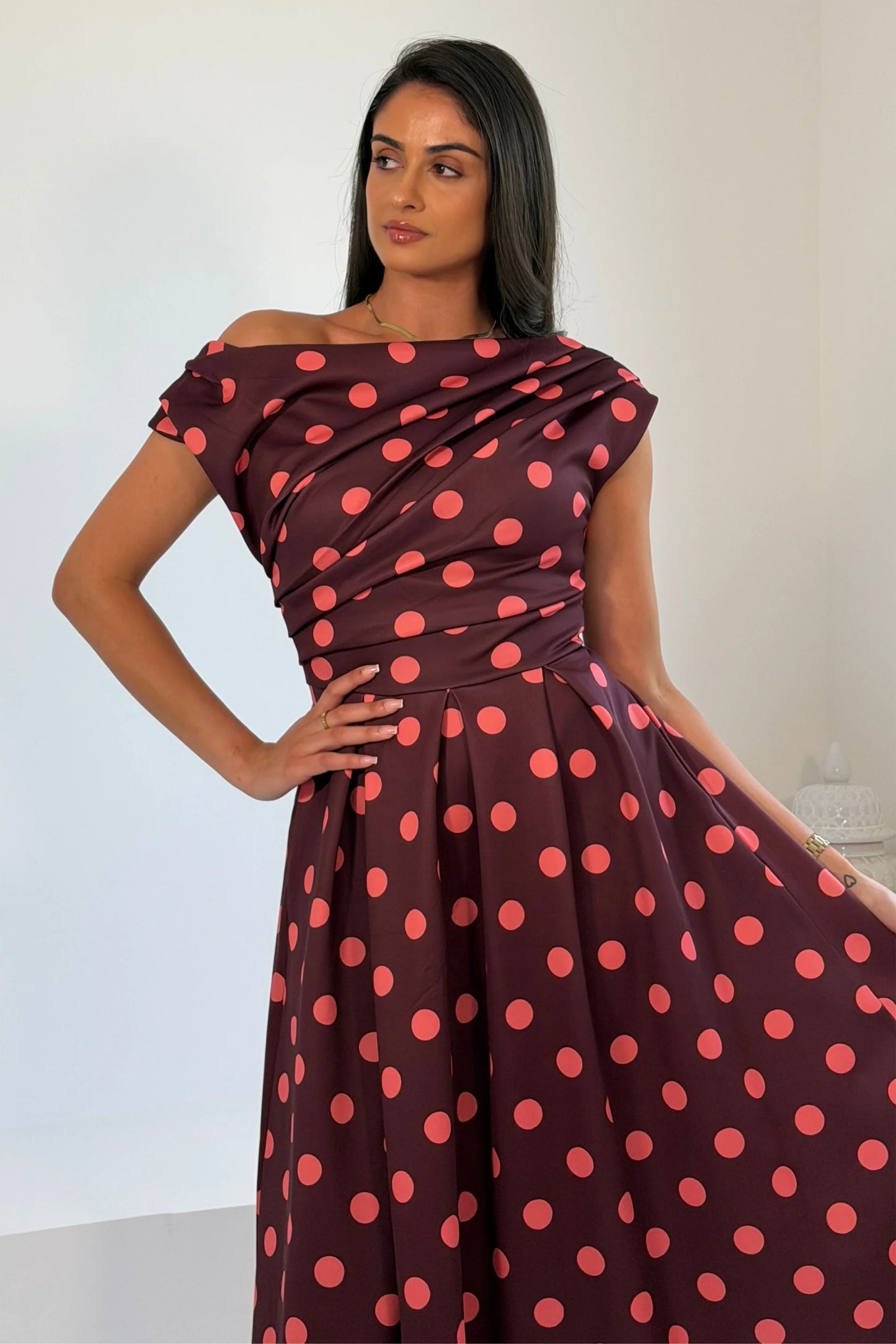 Betty Asymmetric Neckline Skater Midi Polka Dress