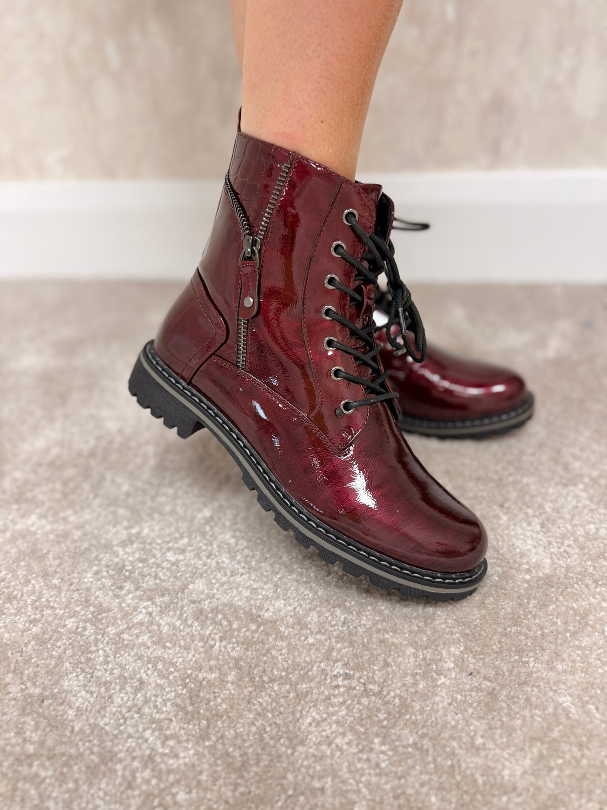 Lunar Allison patent ankle boot burgundy