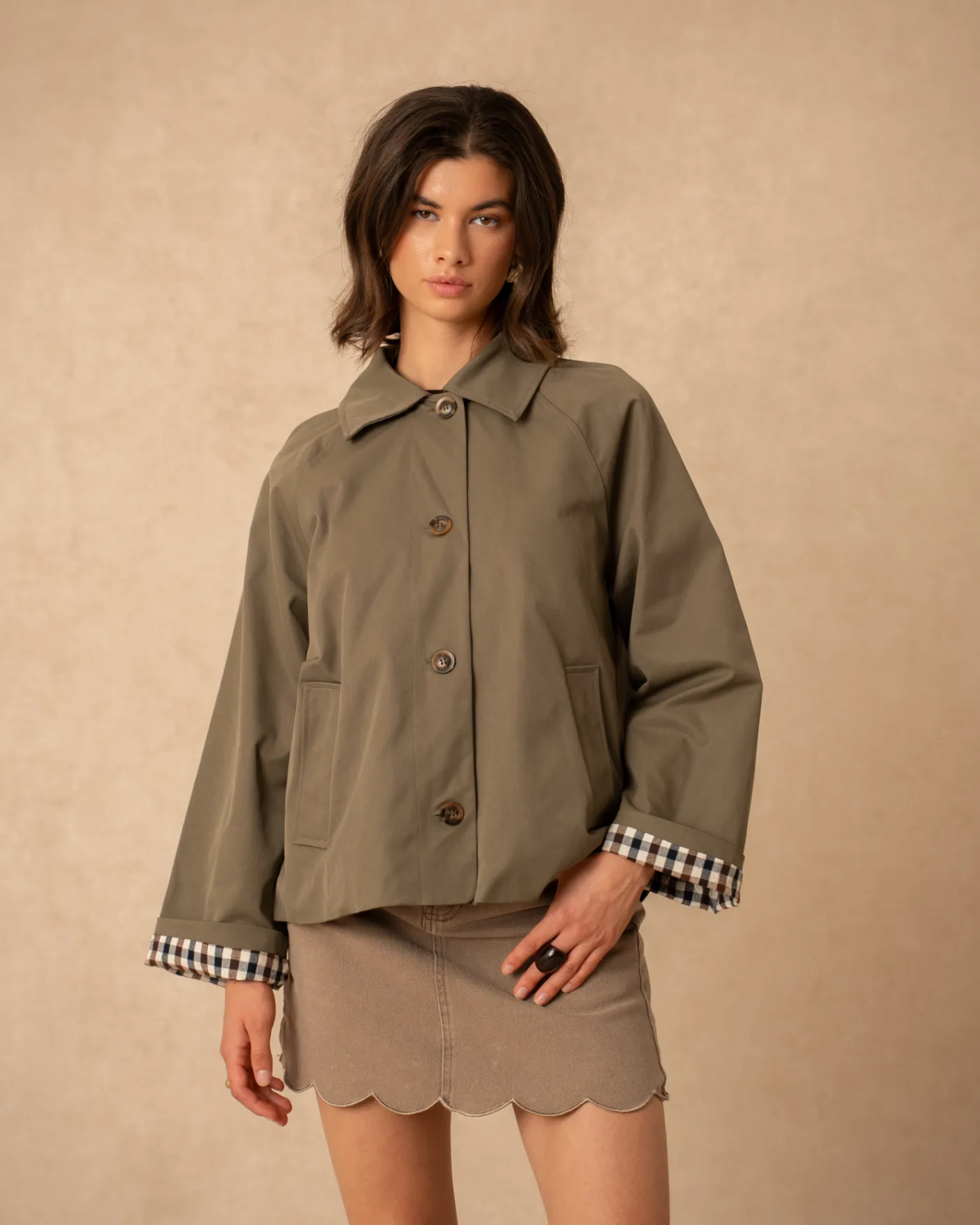 Short Trench Coat Khaki Green