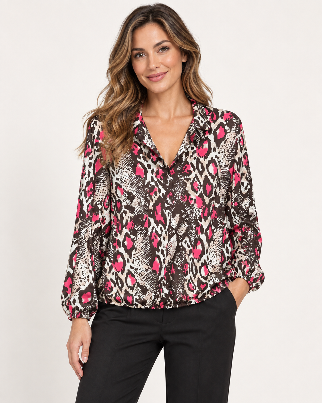 YEW 5002 Collared Brown/Pink Animal print top