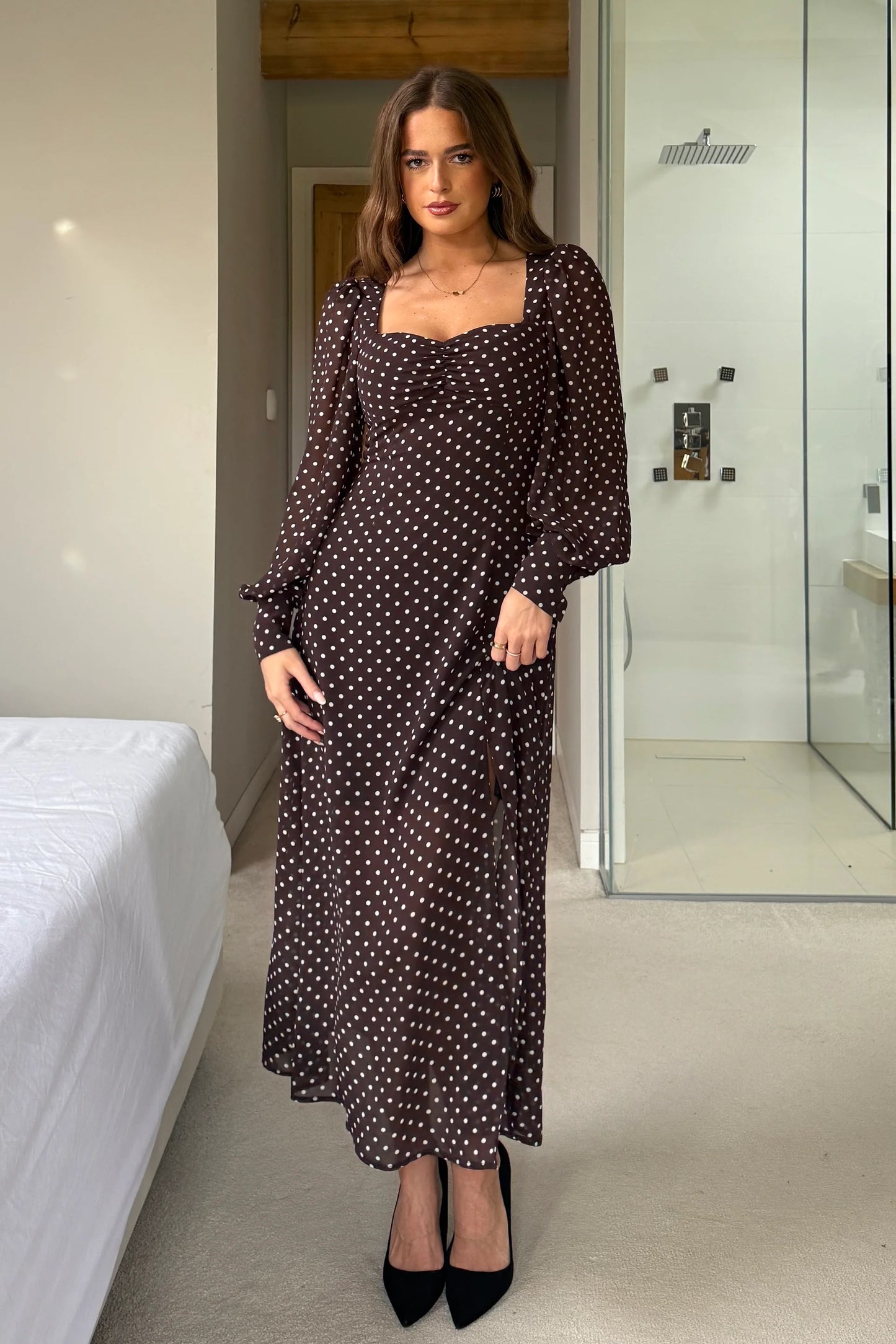 Olive Brown Polka Dot Sweetheart Long Sleeve Midi Dress