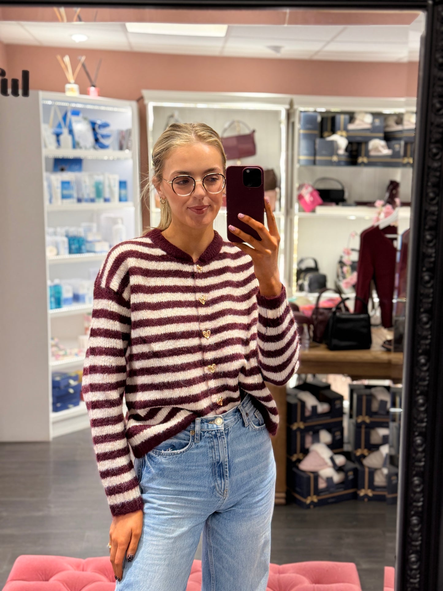 Purple Stripe Cardi Gold Buttons