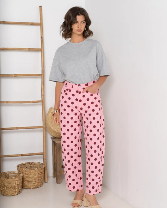 Soft Barrel Polka Dot Jeans - Pink/Burgundy