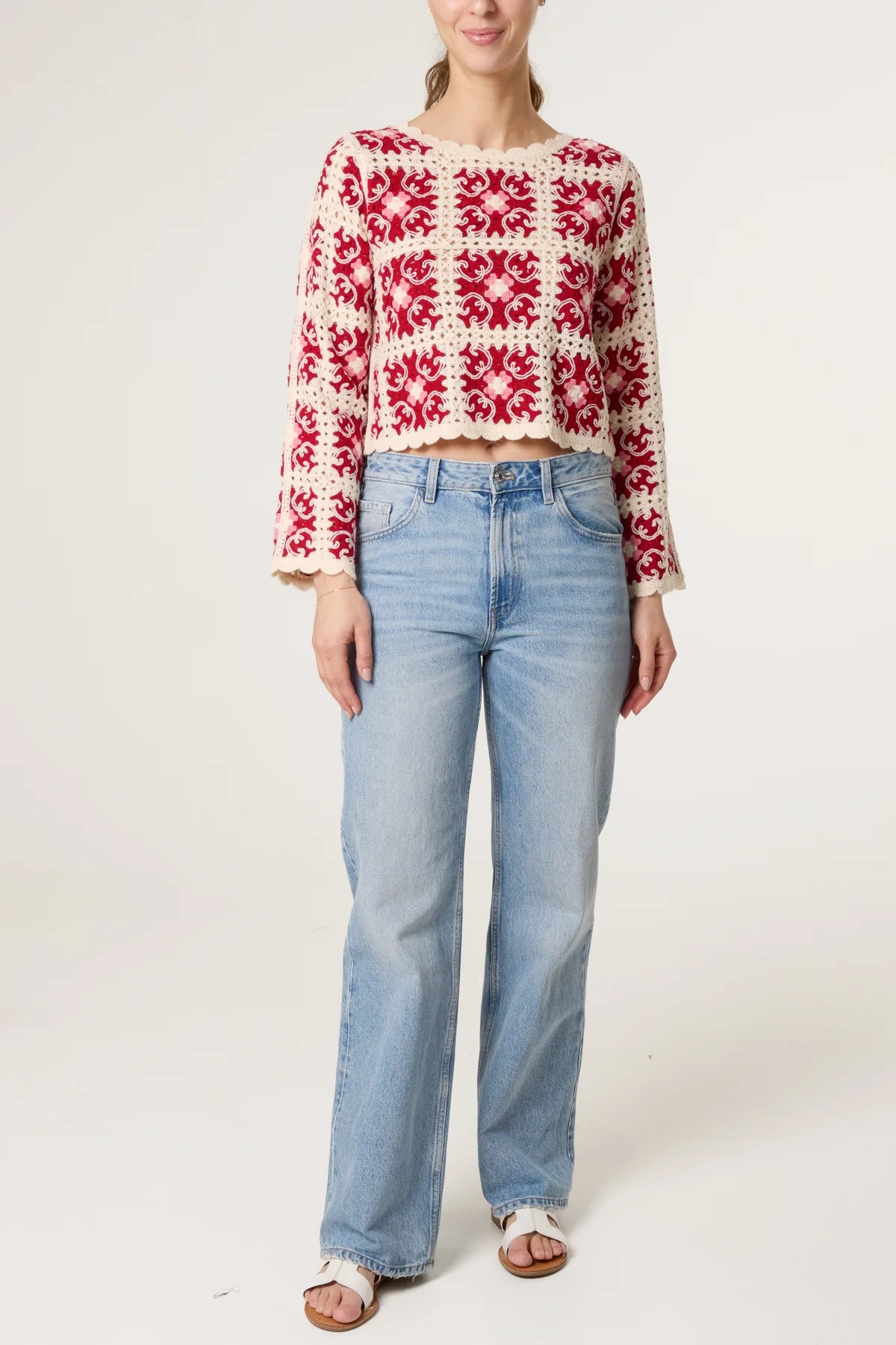 Patchwork Scallop Crochet Top Red