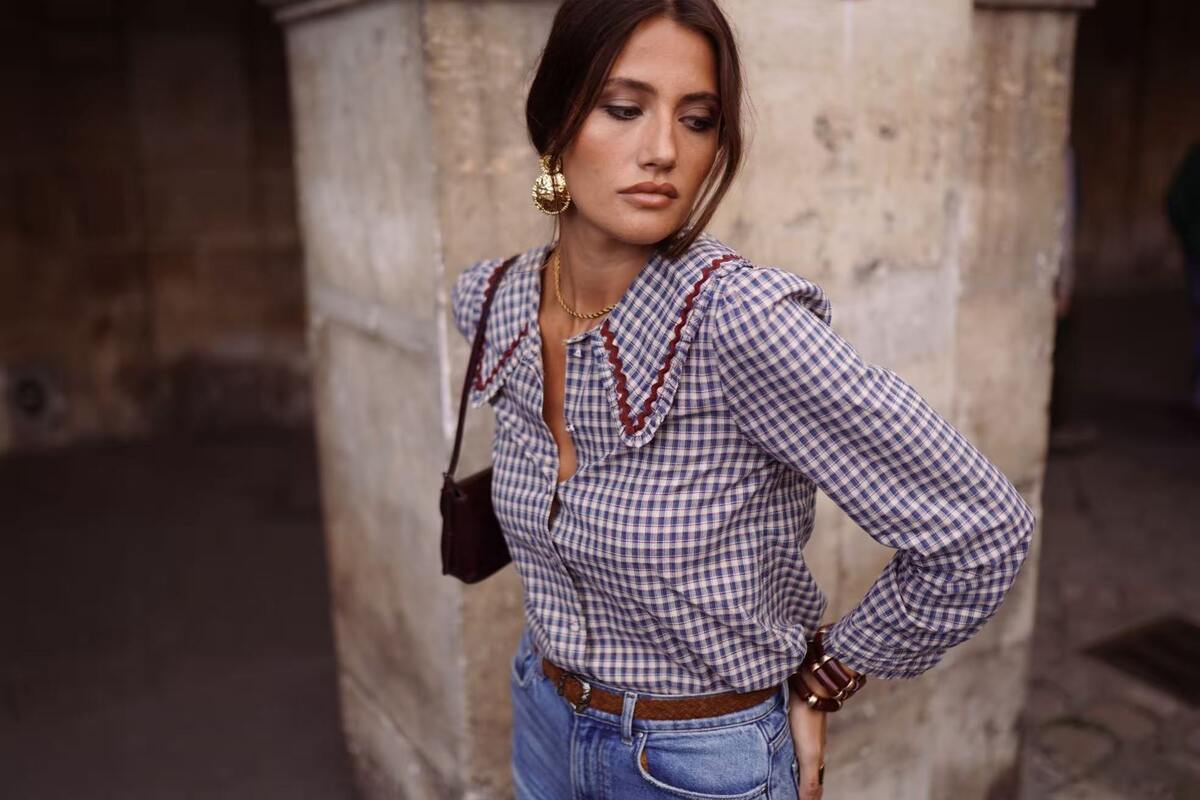 Vintage charm gingham check blouse