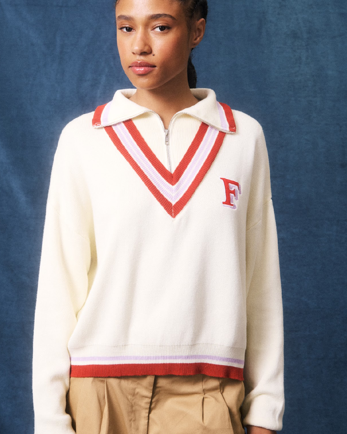 Cream 1/4 Zip Varsity Knit