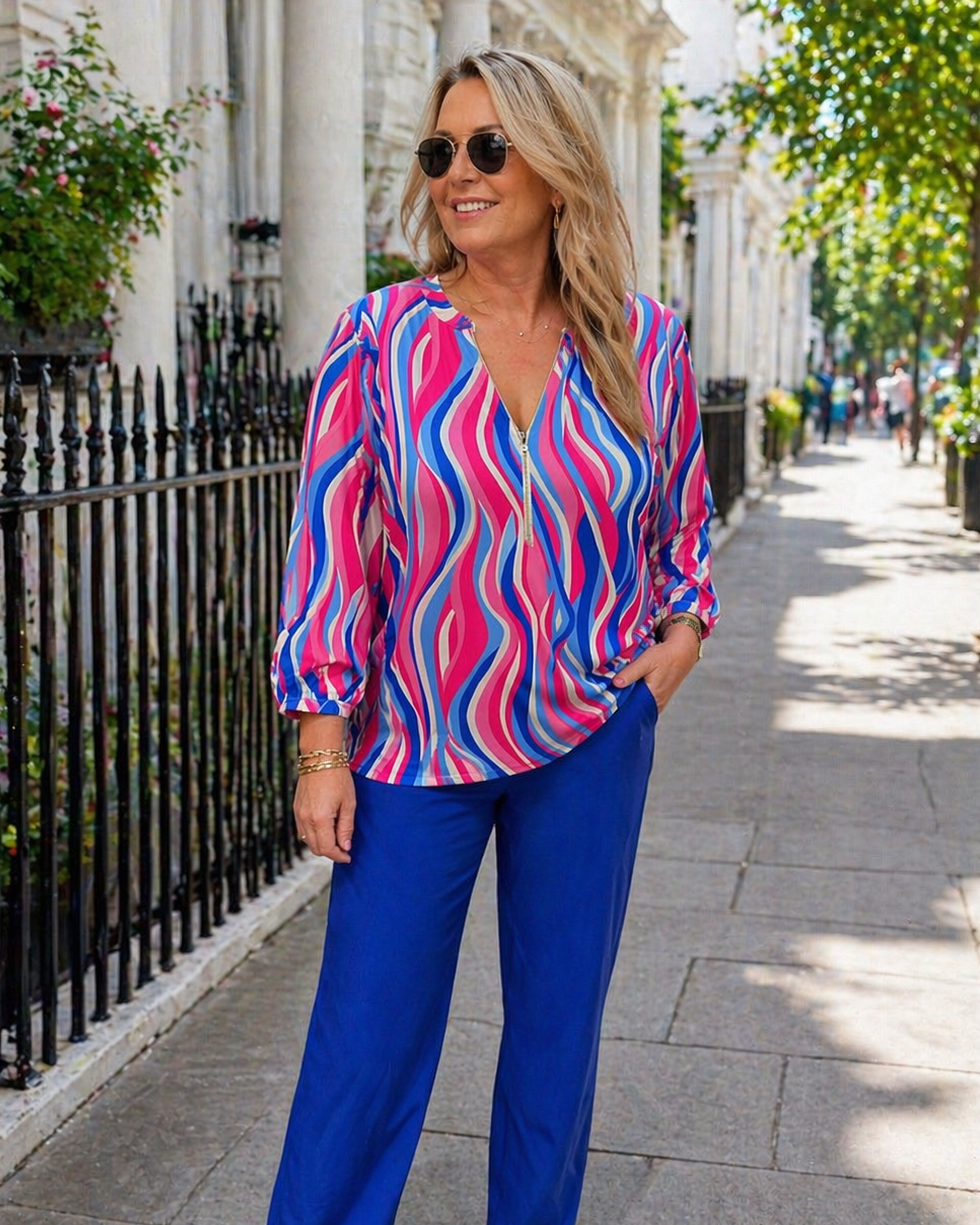 Yew 3842 Zip V Neck Pink Blue Mix