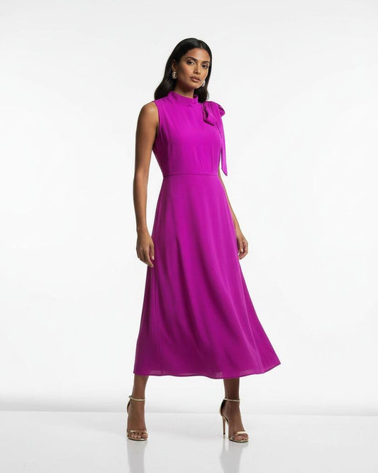 Magenta Neck Tie Midi Dress